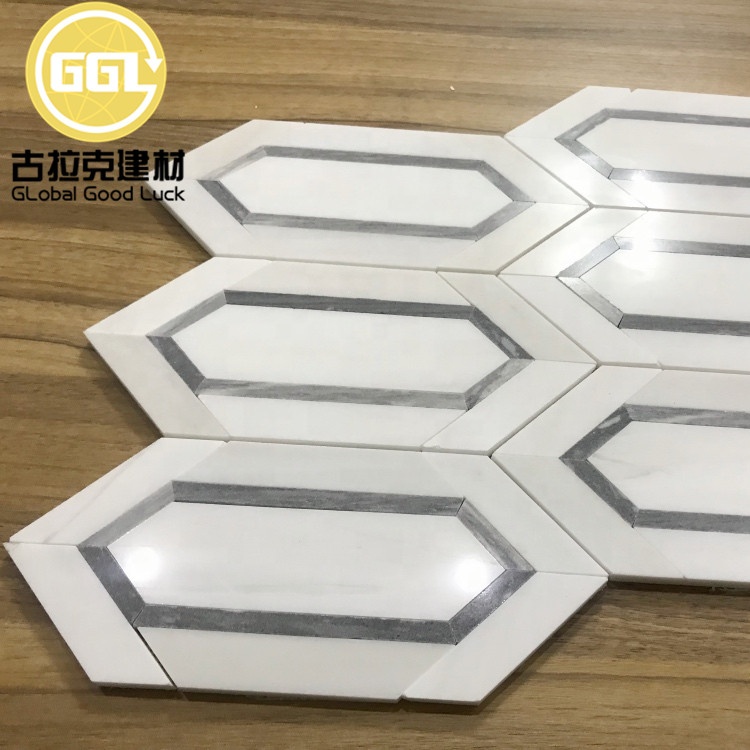Stainless Steel Mix Metal Mosaic Tile Long Strip Hexagon Pattern Mosaic Tile White Mix Silver Marble Tile for Wall Decor