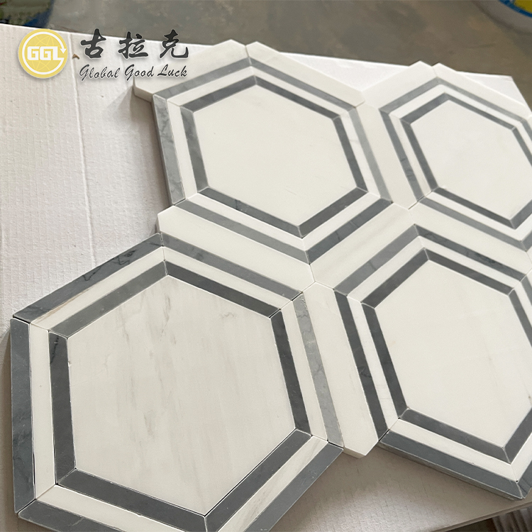 Polished Hexagon Shape Marble Mosaic Tile Simple Design for Floor Mosaics Genre