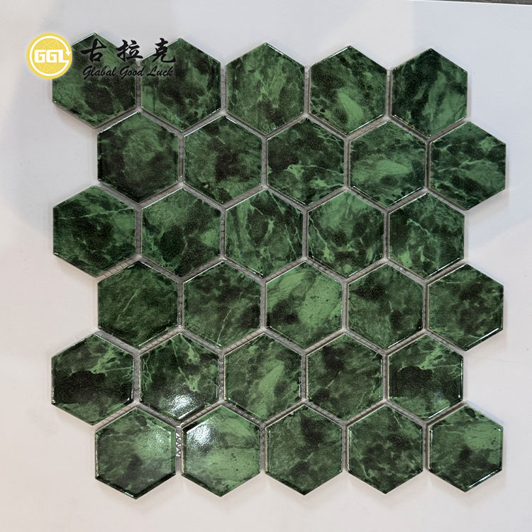Hexagon Shape Ceramic Mosaic Tiles Dark Green Tile