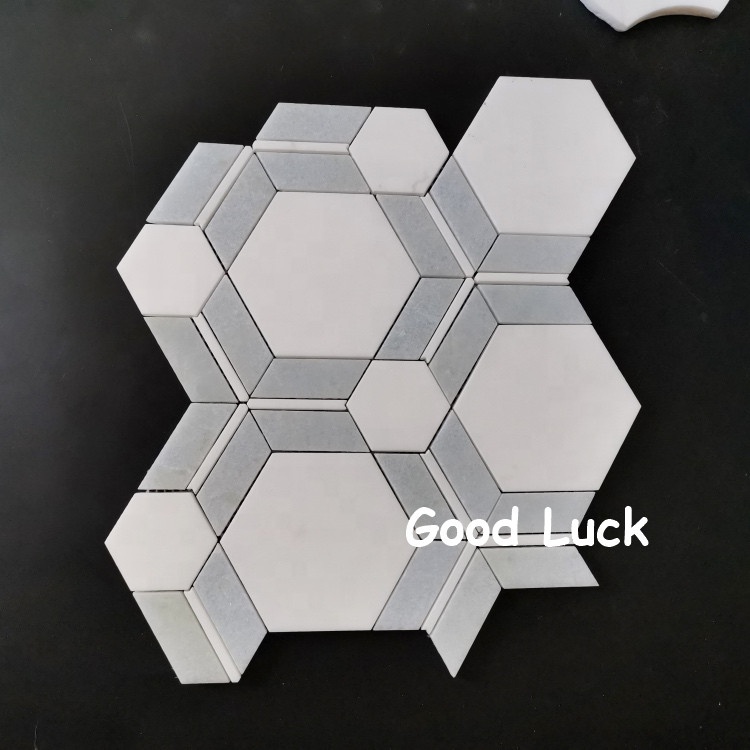 XiaMen Factory Supply White Mix Gray Marble Combination of Hexagon and Square Mosaic Tile for Bathroom Wall/Floor Decor