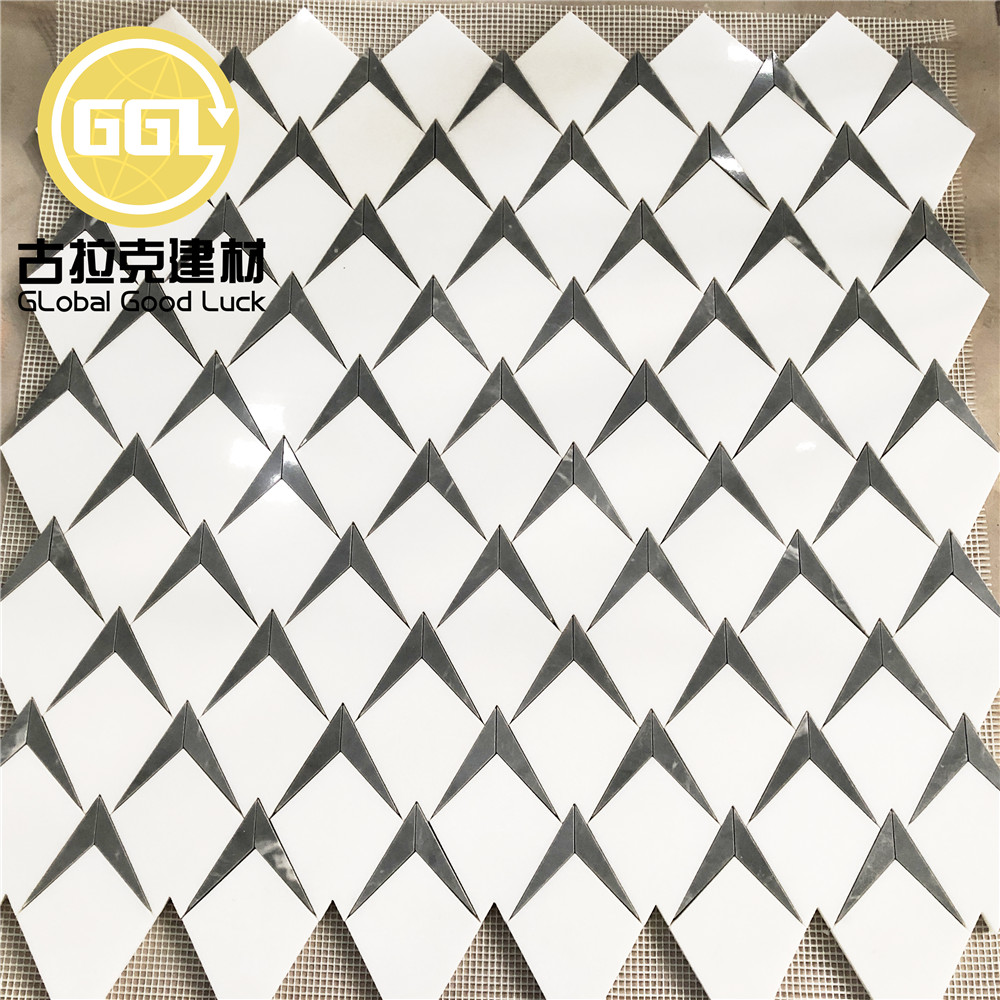 Cutting Big Size Fish Pattern Marble Tile Thassos White Mix Grey Mosaic Tile