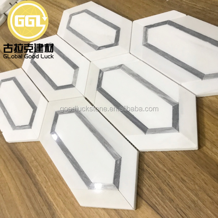 Stainless Steel Mix Metal Mosaic Tile Long Strip Hexagon Pattern Mosaic Tile White Mix Silver Marble Tile for Wall Decor