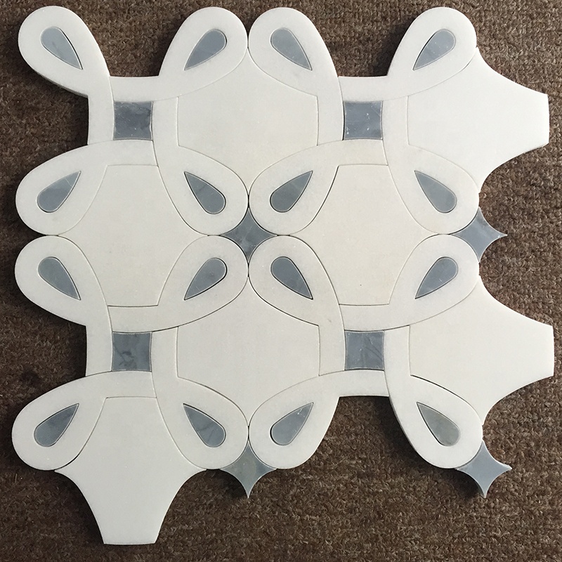 Irregular Shape Thassos White Mix Blue Marble Parquet Feature Waterjet Mosaic Tiles