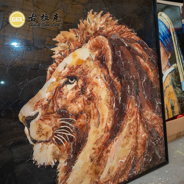 Art Mural Mosaic Natural Stone Lion Pattern Hand-cut Customized Wall Decor