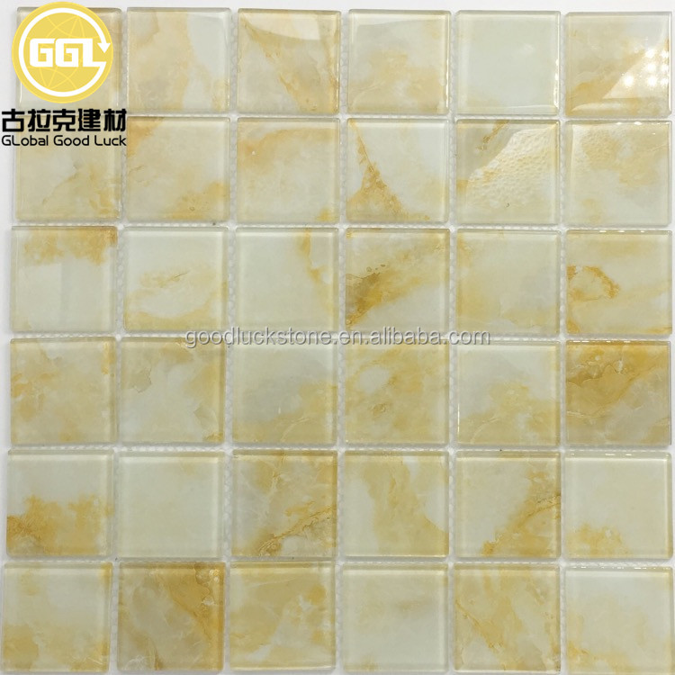 Gold Color Crystal Glass Square Shape Mosaic Tile For Bathroom Wall Decor
