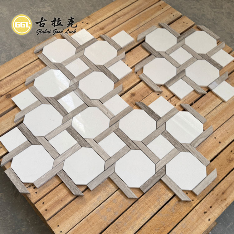 Wood Grain & White Marble Stone Mosaic Tile for Home Floor Wall
