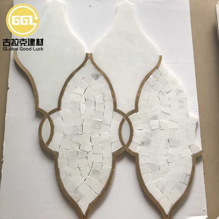 Marble Waterjet Mosaic Tile Bathroom Floor Tiles Inlay Brass Mosaic Gold