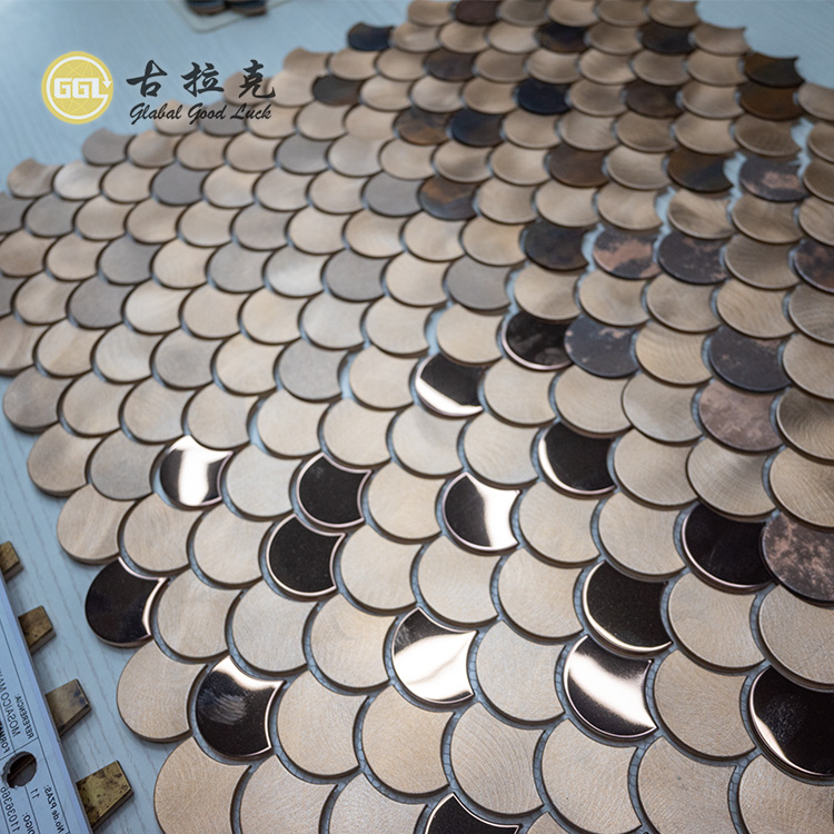 Fan Shape Metal Mosaic Mirror Design Wood Style Backsplash Wall Tile