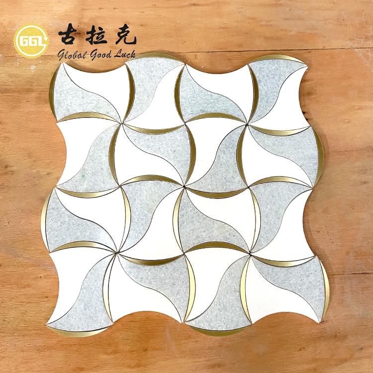 Wavy Design White Blue Marble Mix Brass Mosaic Tile Interior Wall Floor Decor