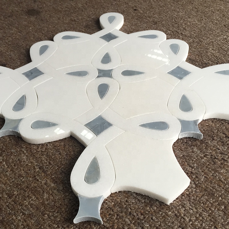 Irregular Shape Thassos White Mix Blue Marble Parquet Feature Waterjet Mosaic Tiles