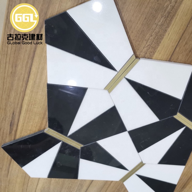 Polished Nature Marble Mix Brass Waterjet Mosaic Tile for Wall Decoration