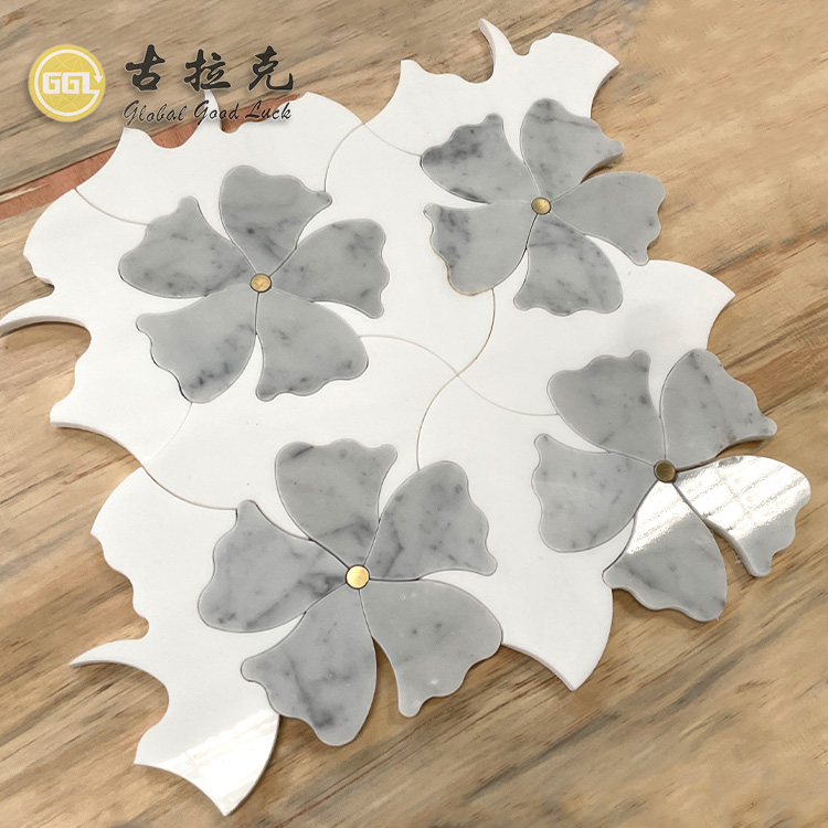 Flower Shape Parquet Feature Marble Mix Brass Dots Waterjet Mosaic Tile