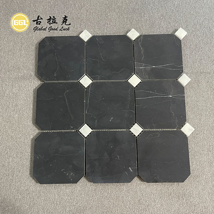 4 Inch Natural Stone Hot Sale Octagon Pattern Tile Black Mix White Dots Mosaic Tile For Kitchen Backplash Wall Decor