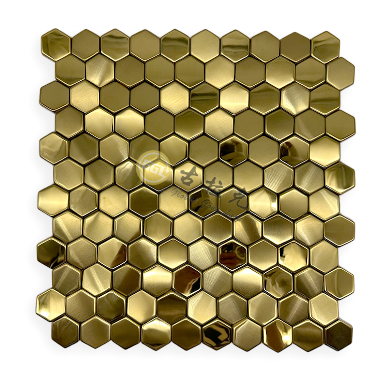 Hexagon Stainless Steel Golden Metal Mosaic Tile Interior Wall Decor