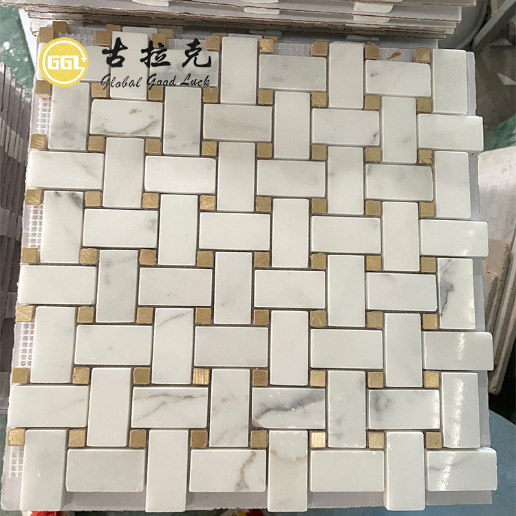 Lordly American Style Tile White Color Mix Brass Dots Basketweave Shape Interior Mosaic Tile