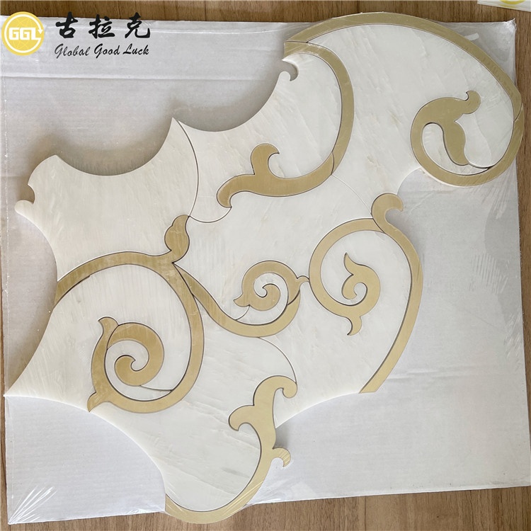 Elegant Design Waterjet Mosaic lrregular White Marble Mix Brass for Wall Tiles