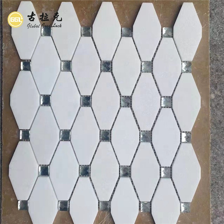 Thassos White Marble Mix Glass Long Octagon Shape Marble Mosaic Wall Floor Tile