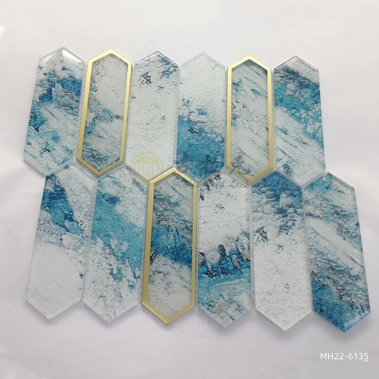 Blue Crystal Glass Pattern Mix Sliver-Rimmed and Gold Edged Mosaic Tile