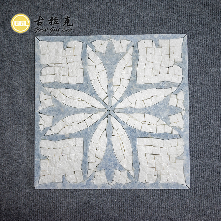 Hand-made Flower Waterjet Marble Thassos White Mix Blue Mosaic Tile