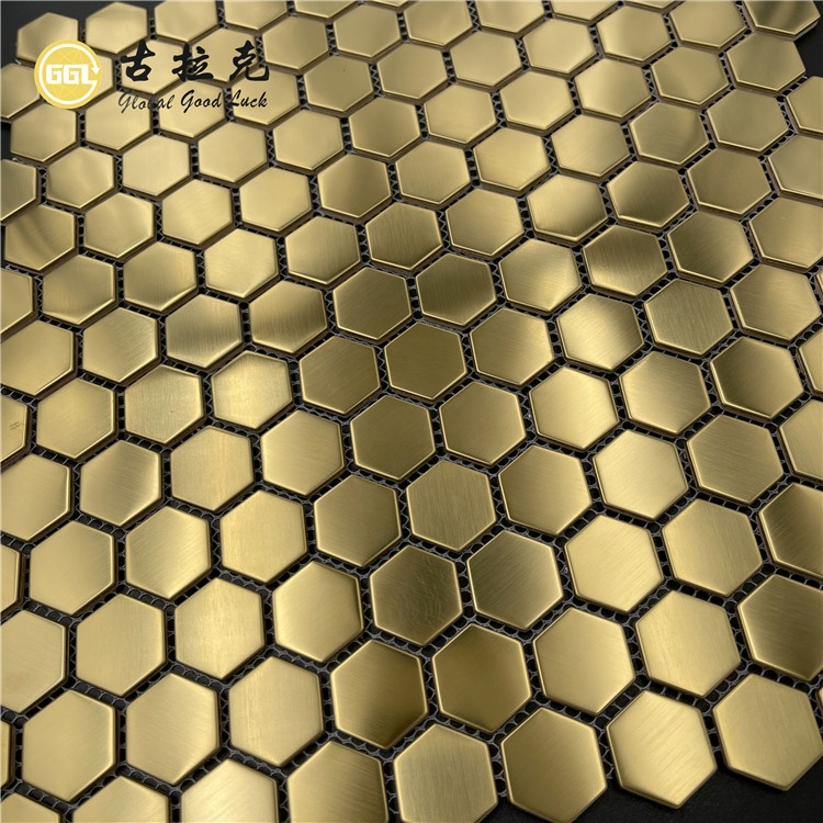 Hexagon Shape Golden Brush Stainless Steel Metal Mosaic Home Wall Tile