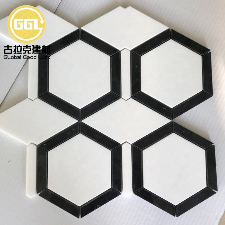Hexagonal Black Edge Pure White Marble Mosaic Tile for Bathroom or Toilet
