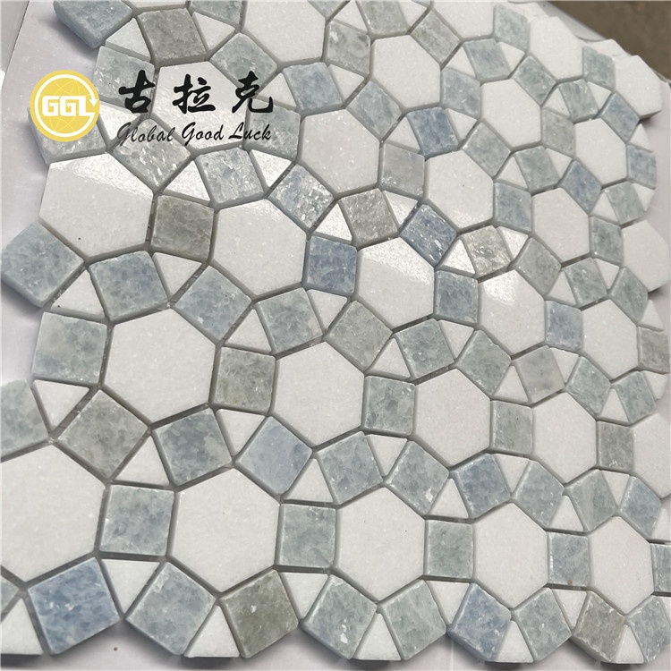 Thassos White Mix Blue Marble Hexagon Parquet Feature Marble Mosaic For Floor and Wall Tiles