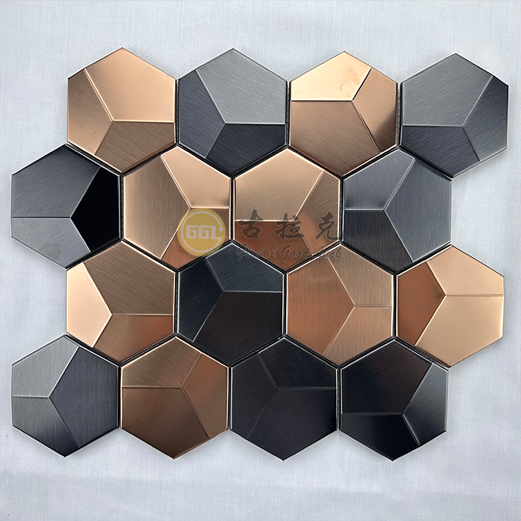 Hexagon 3D Metal Mosaic Rose Gold Mix Black Stainless Steel Mosaic Wall Tiles