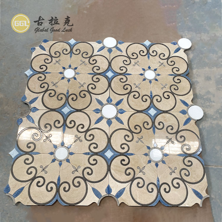 Flower Design Marble Mosaic Tile Blue Beige Stone Tile for Villa Home Decoration