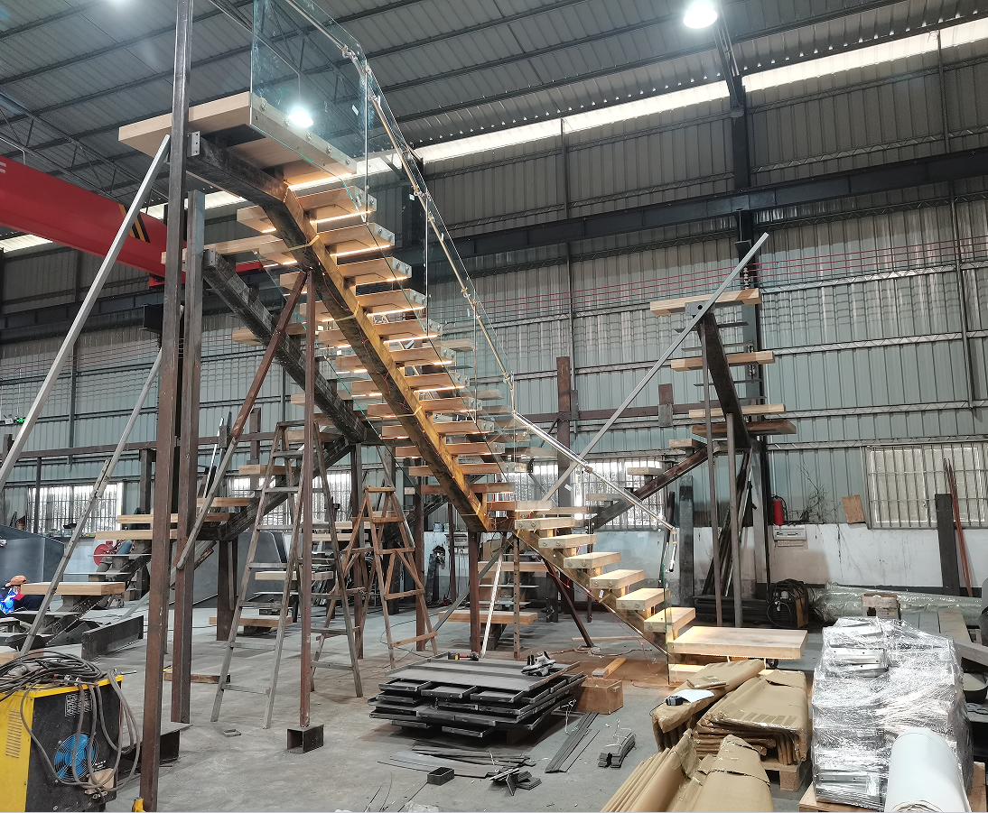 Fancy design modern floating stairs with matte black mono stringer white oak wood steps glass railings from Foshan factory supplier