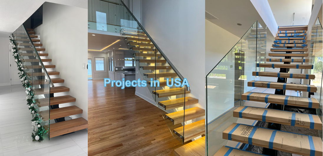 Fancy design modern floating stairs with matte black mono stringer white oak wood steps glass railings from Foshan factory factory