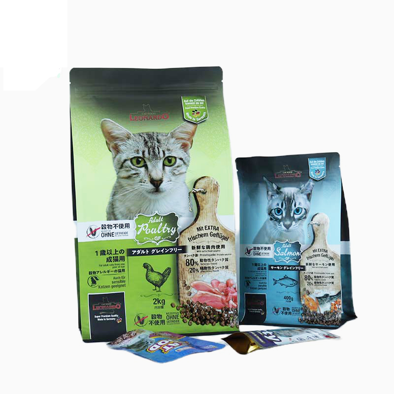 Tas Kemasan Plastik Komposit Kustom untuk Makanan Peliharaan Makanan Anjing Makanan Kucing 60g 400g 2kg Tas Dasar Datar dengan Ritsleting