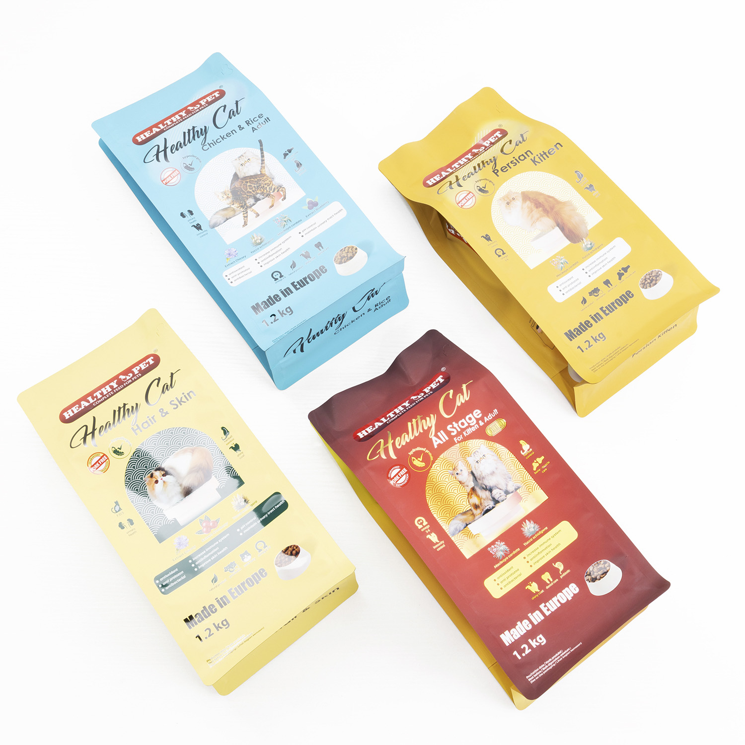 Sacos para ração animal em folha de alumínio reutilizáveis e impressos personalizados, grau alimentício, para cães e gatos, 1kg 10kg 25kg, com fecho zipper