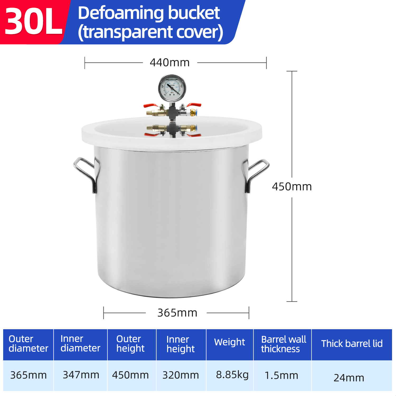 30L Stainless Steel Defoamer Bucket Oil Free Vacuum Defoaming barrel with clear cover