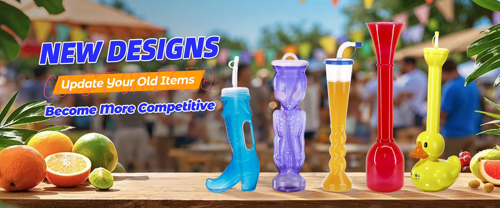 כוסות חצר מפלסטיק לפי ההזמנה: בירה בוט, אליין, טוויסט, ג'יינט ובתולת צהובה לבר דקירי