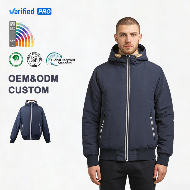 Custom Logo Men's Padded Bomber Hooded Contrast Zipper Winter Jacket
