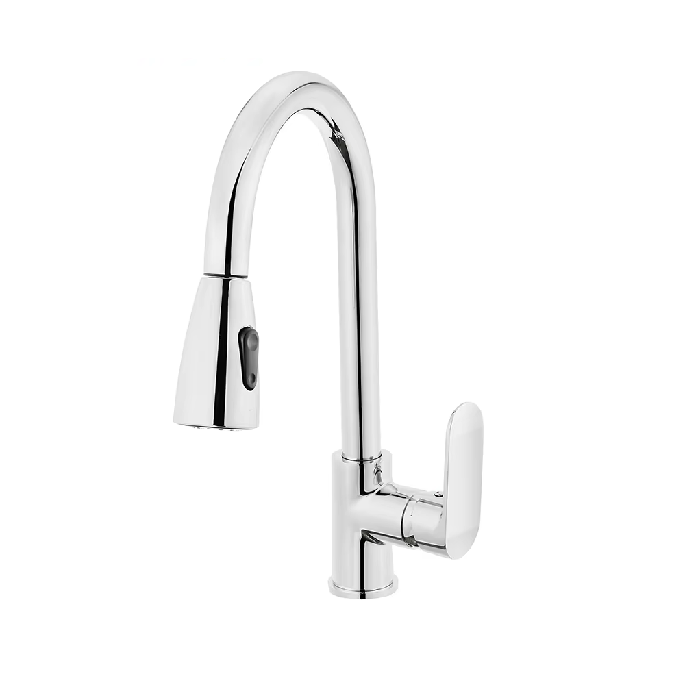 Rubinetto per cucina in acciaio inossidabile a manovella unica, finitura nickel satinato, con getto estrattile