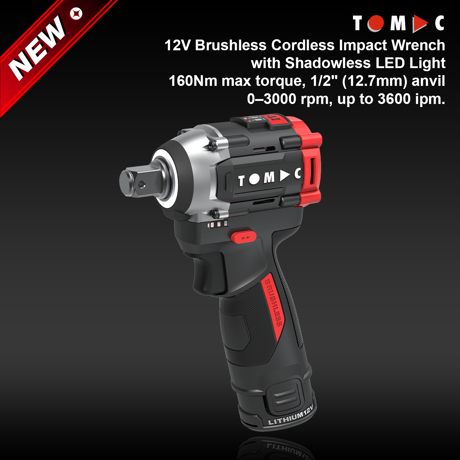מברג חשמלי ללא חוט של TOMAC, דגם TC1122160B, 12 וולט, ללא פחמן, מומנט של 160 ניוטון-מטר, עקבה בקוטר 1/2 אינץ' (12.7 מ