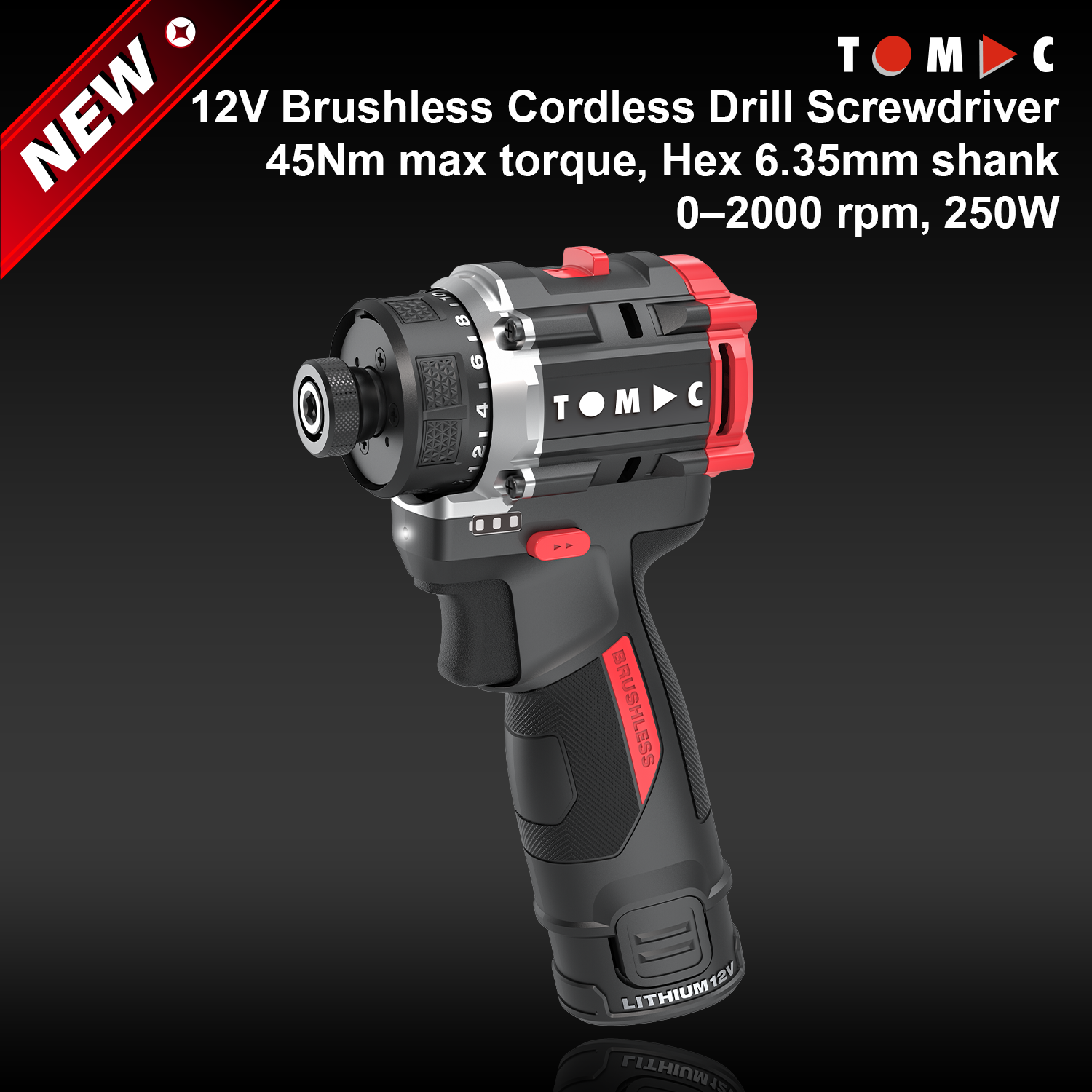 מסמרנית חשמלית ללא חוט TC115245A של TOMAC, 12 וולט, ללא פרגיות, 45 ניומטר, צורת שестиון 6.35 מ