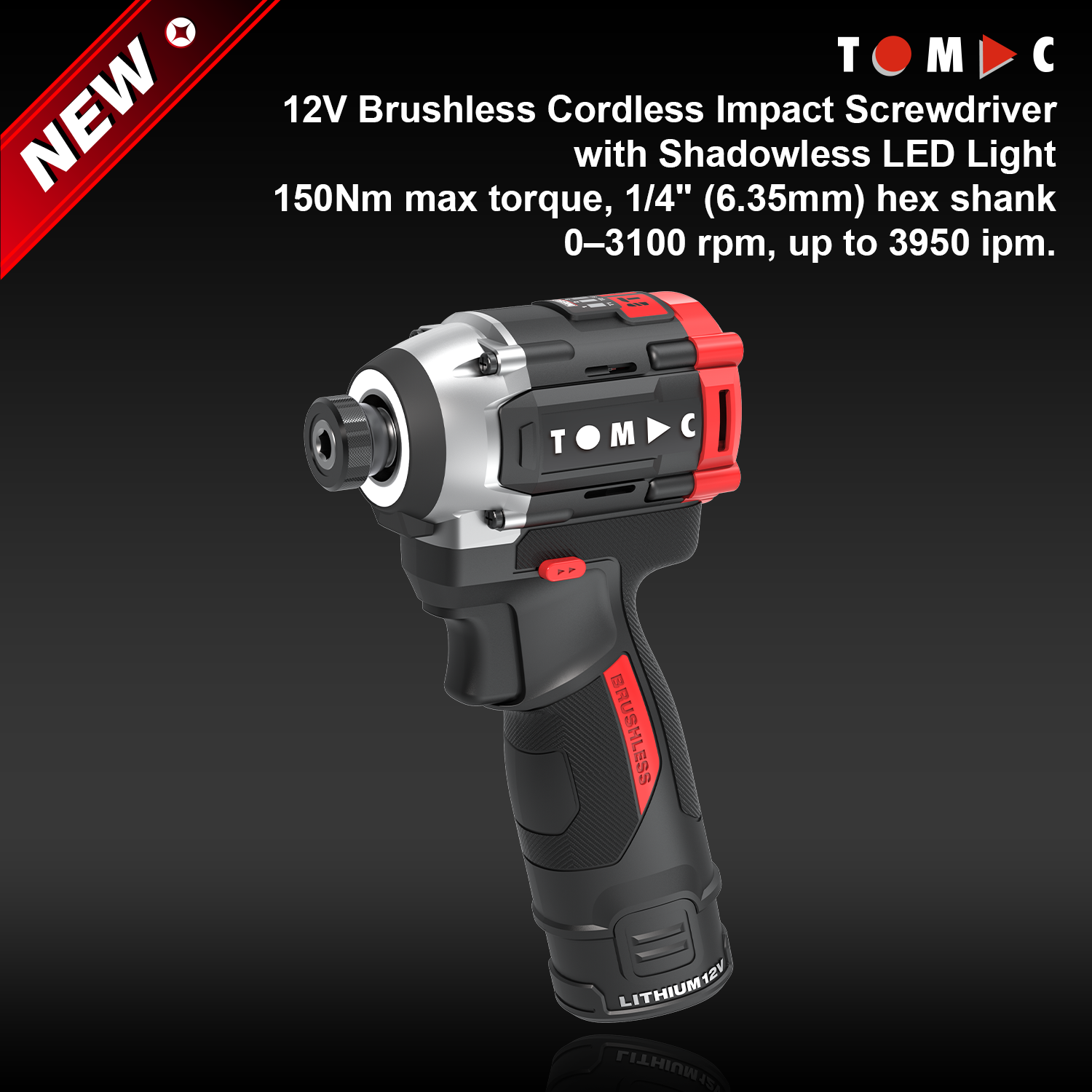 TC1152150B TOMAC, מפתח חשמלי אימפקטיבי ללא חוט, 12 וולט, ללא פיסות, 150 ניוטון-מטר, ידית קבע בגודל 1/4 אינץ', לשימוש כפול, עם אור ללא צללים, מאושר תקן CE