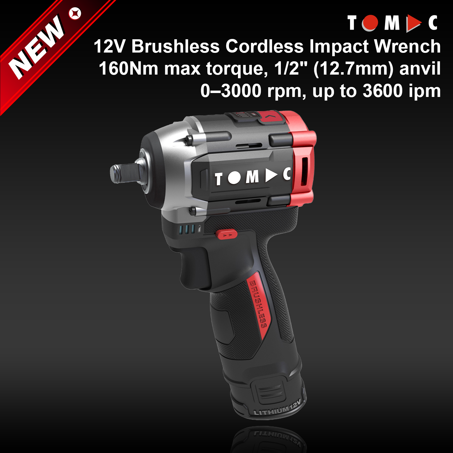 מברג חשמלי ללא חוט של TOMAC, דגם TC1122160A, 12 וולט, ללא פחמן, מומנט של 160 ניוטון-מטר, עקבה בקוטר 1/2 אינץ' (12.7 מ