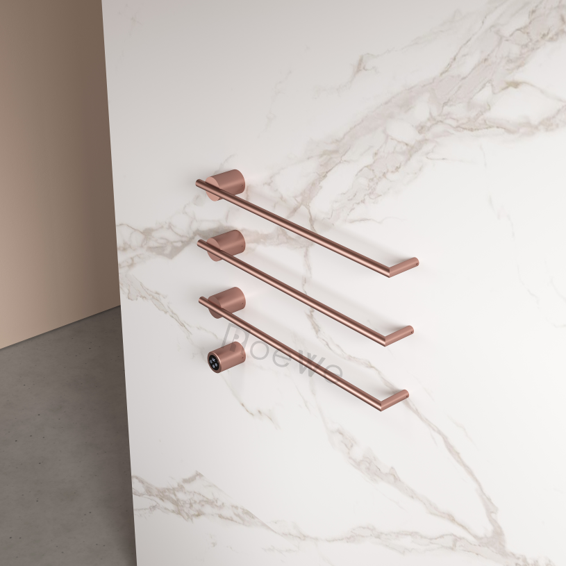 aquecedor de toalhas inteligente em rack com design dourado rosé e aquecedor de toalhas