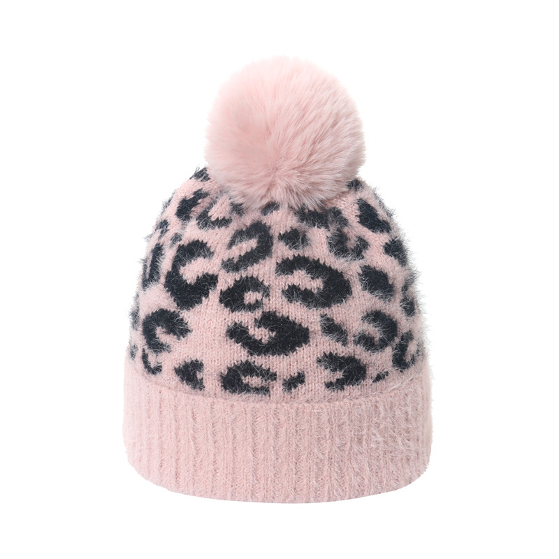 Fur ball leopard knit hat