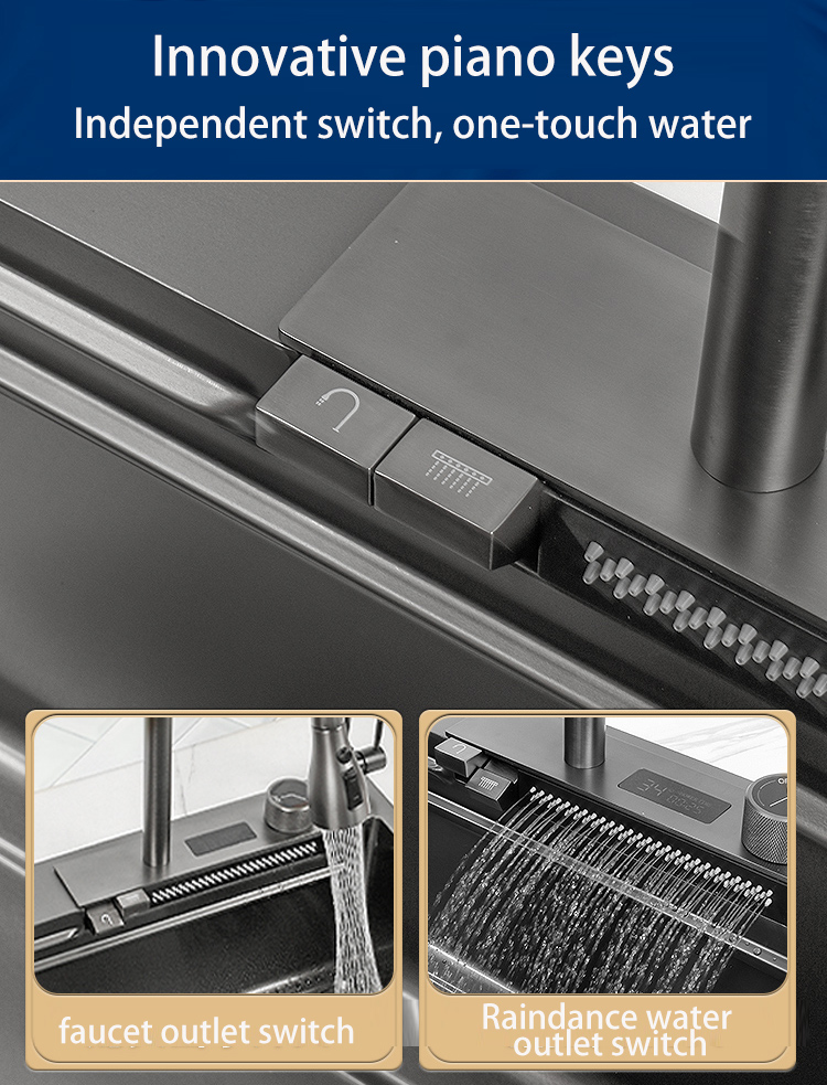 Waterfall Sink Kitchen Stainless Steel Topmount Sink Large Single Slot Wash Basin With Multifunction Touch Waterfall Faucet factory