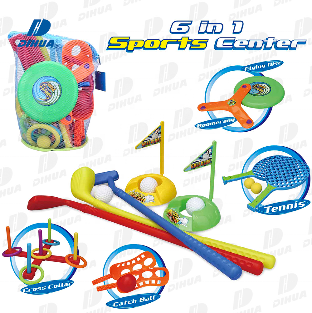 SPORTS N FUN - 6 in 1 Sport Toy Set Kids Tennis Golf Flying Disc Boomerang Cross Collar & Catch Ball Sport Combo w/ Portable Bag
