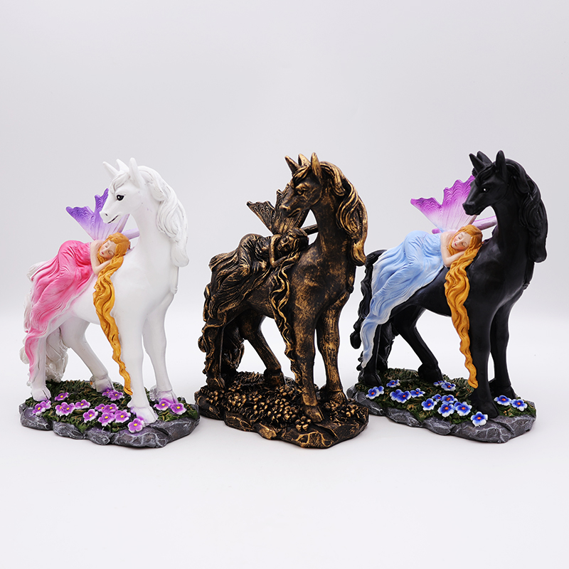 OEM home garden decor unique miniature 3d figure statue custom resin craft beautiful mystical fairy and unicorn figurines details